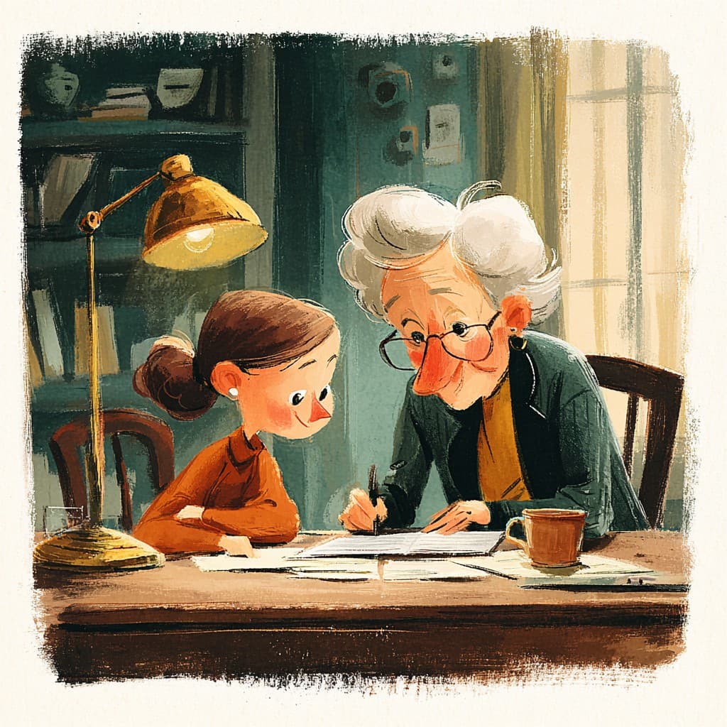 Illustrated adult daughter and elderly grandmother reviewing documents together at a desk under a lamp — representing a Pennsylvania family comparing PCH and ALR inspection records before choosing a facility