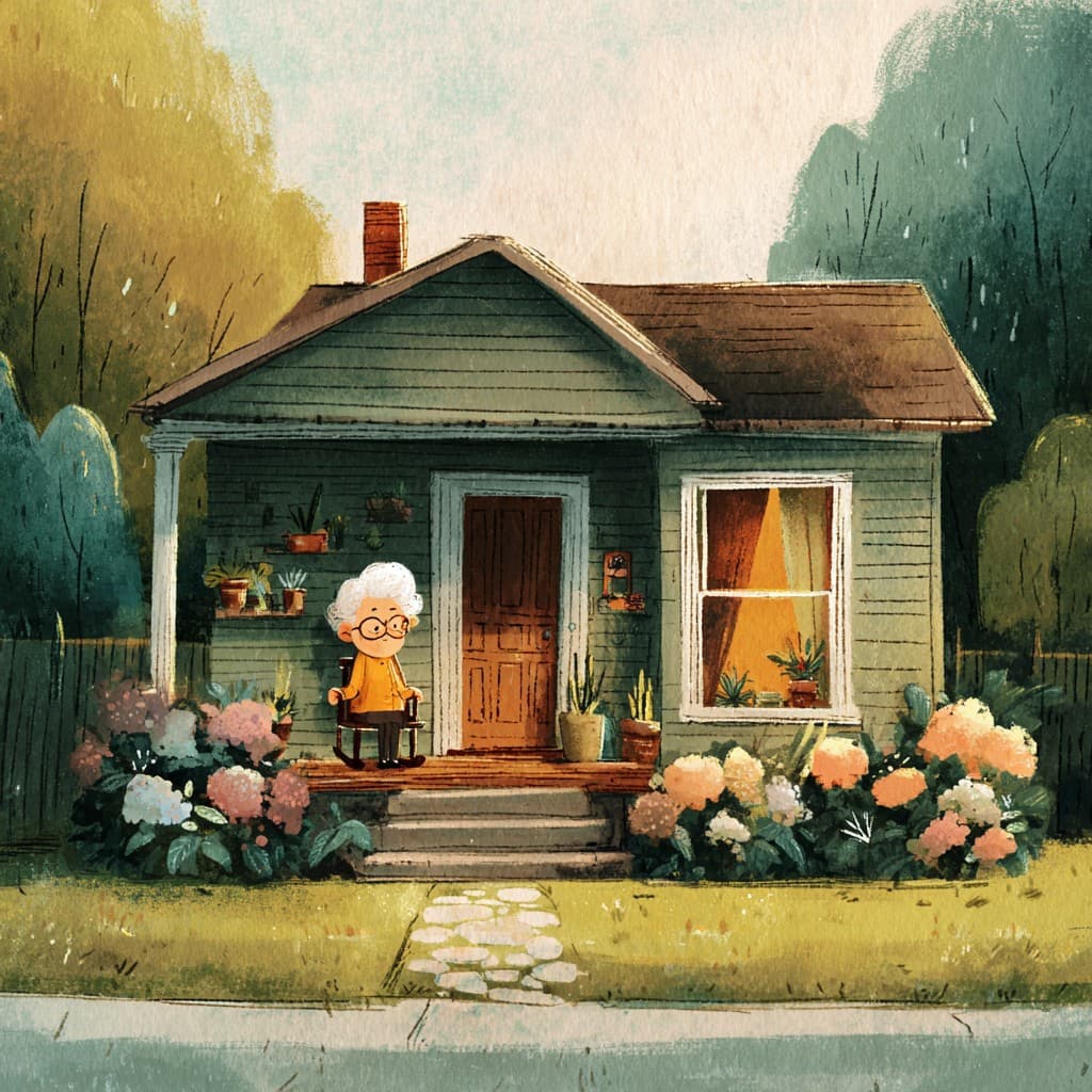 Illustrated exterior of a residential care home with a garden and an elderly resident on the porch — representing the Texas HHSC licensed assisted living facilities families are choosing between