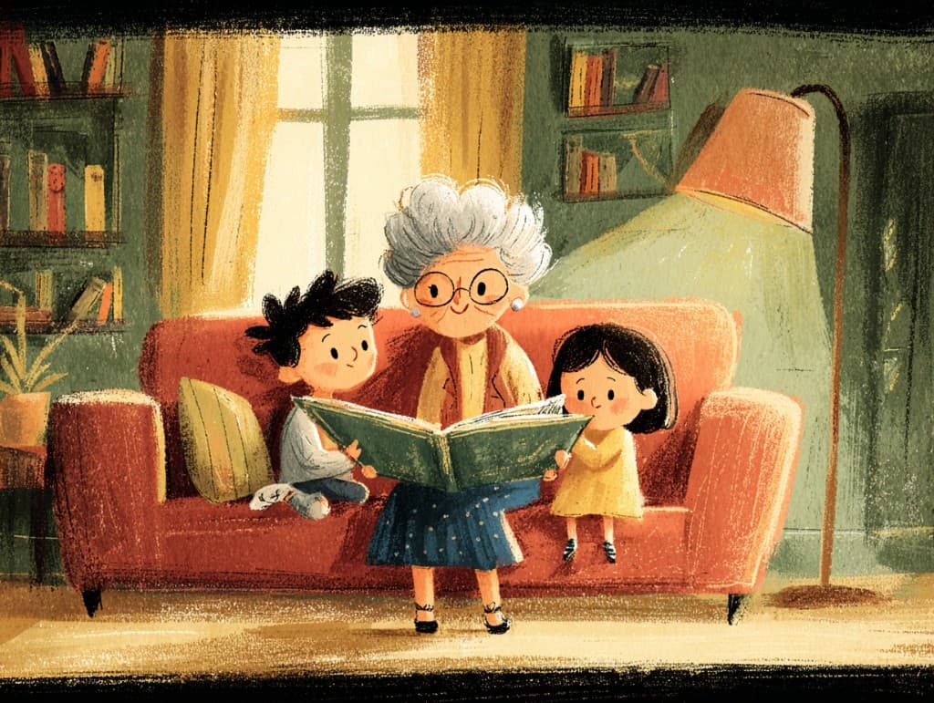 Illustrated grandmother reading a book to two young grandchildren on a couch — representing the relationships dementia care planning aims to preserve