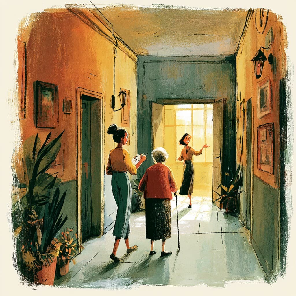Illustrated daughter and elderly mother being welcomed by a staff member in a sunlit facility hallway — representing a family touring a memory care facility