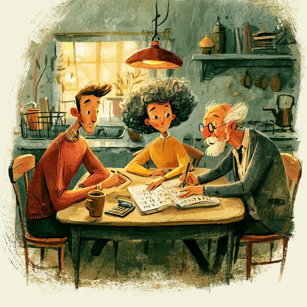 Illustrated family and elderly grandfather sitting at a table with a calculator and financial documents — representing the cost planning conversations families have when researching memory care