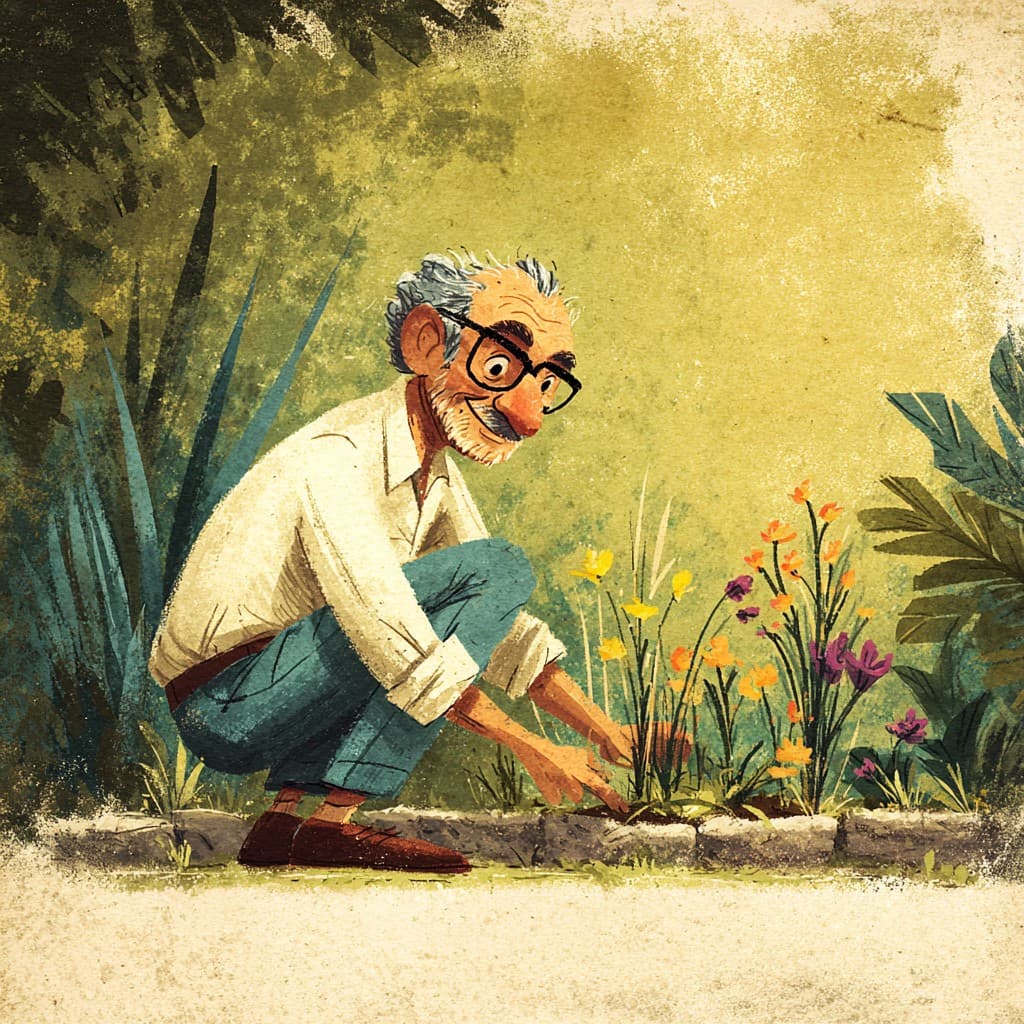 Illustrated older gentleman tending flowers in a garden — representing the daily activities and independence that residential memory care, supported in part by Medi-Cal, aims to preserve
