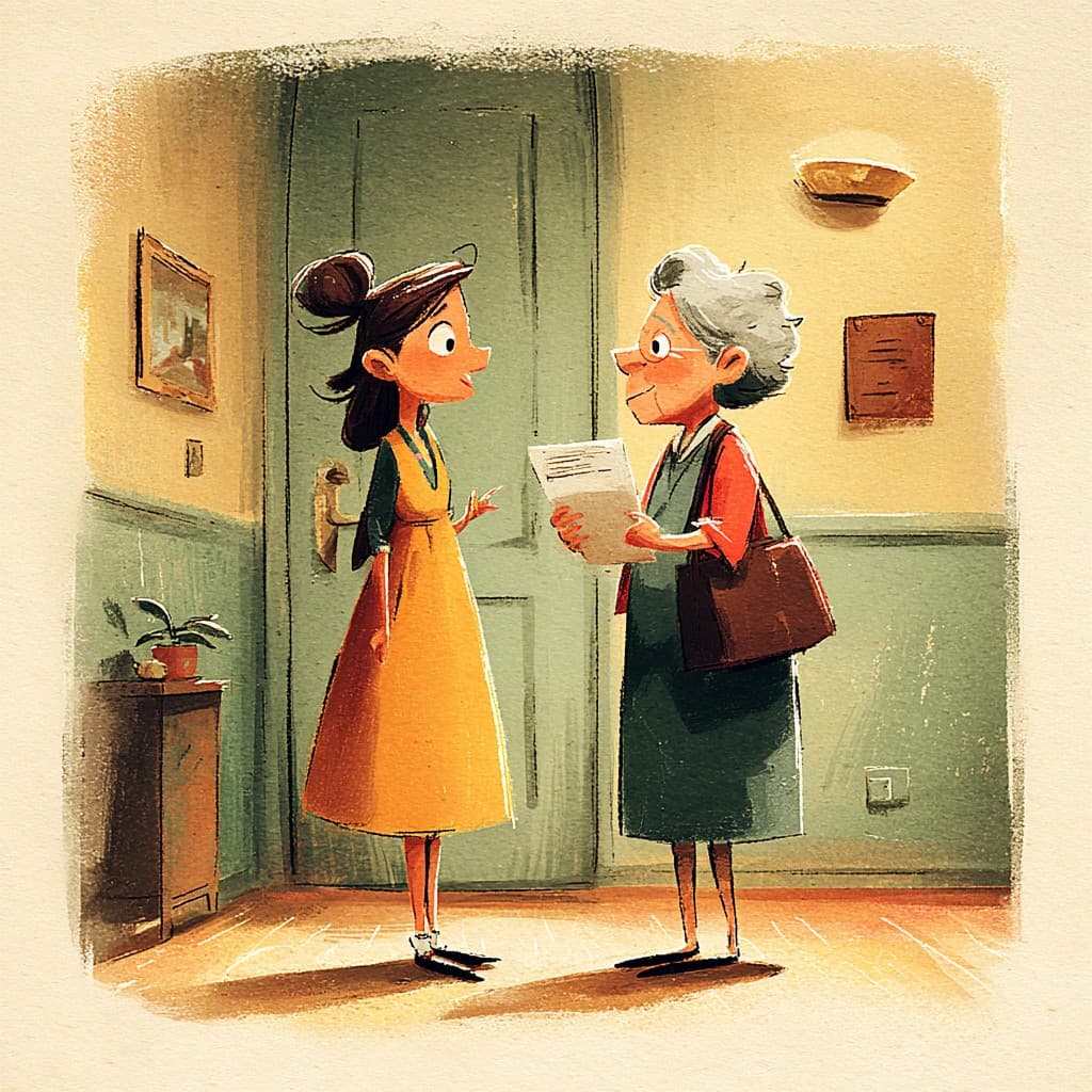 Illustrated family member speaking with a facility staff member in a hallway — representing the conversations Utah families have when researching memory care options