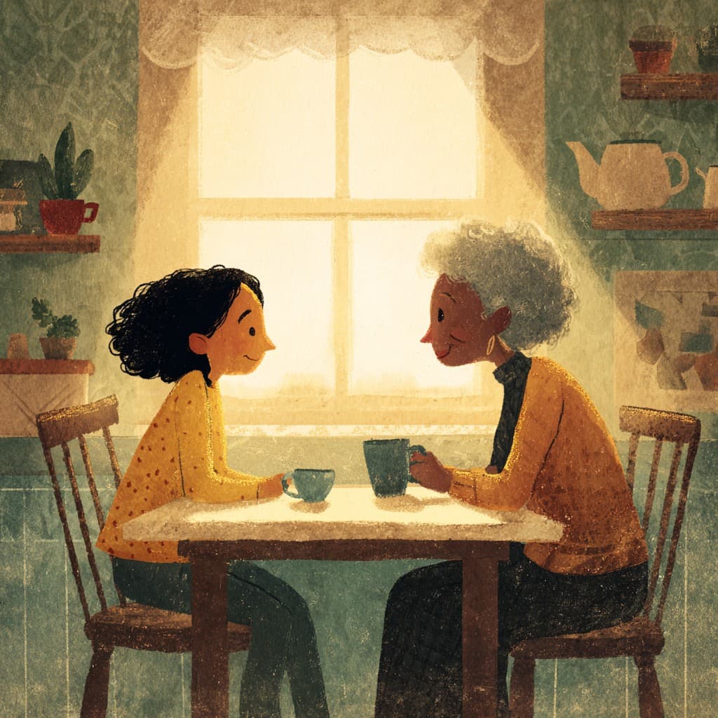 Illustrated mother and adult daughter in conversation across a kitchen table — representing the family conversations that precede a memory-care decision