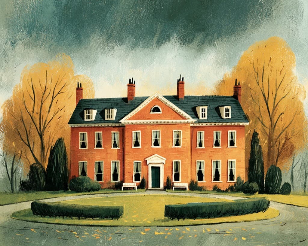 Illustrated grand brick suburban residence with manicured landscaping and dark, empty windows — representing affluent address and surface presentation that does not match the inspection record underneath