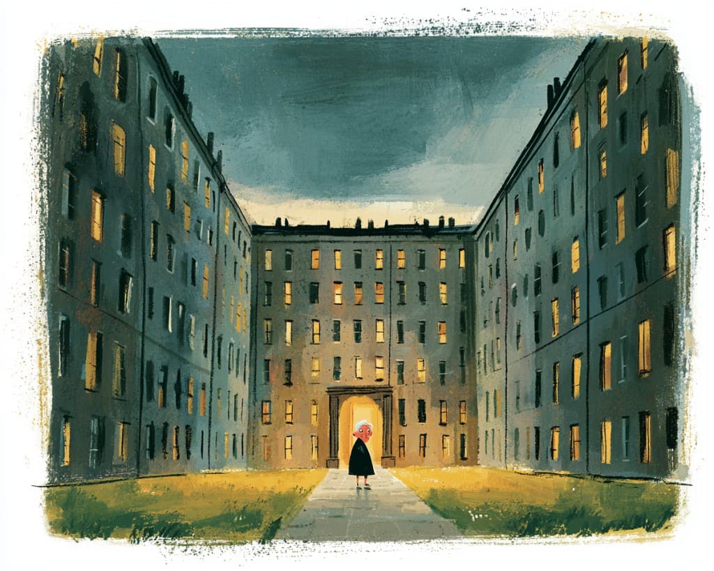 Illustrated vast institutional building with rows of identical windows and a single small figure in the courtyard — representing how facility scale dwarfs individual residents