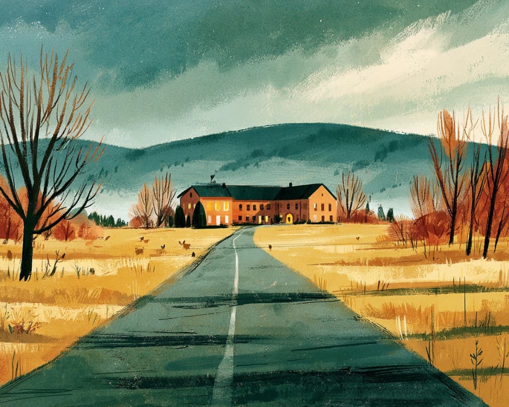 Illustrated rural care facility at the end of a long road at dusk, alone in open countryside — representing remoteness and limited oversight