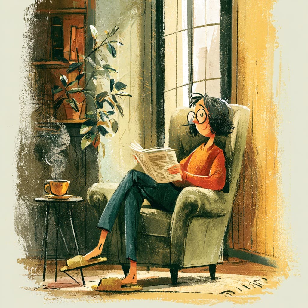 Illustrated person reading a report in an armchair by a sunny window — representing a family member researching Washington inspection data before making a memory care decision
